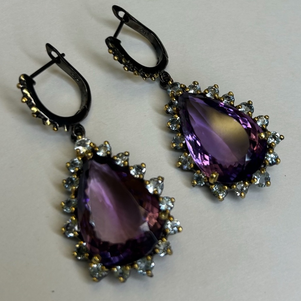 Exceptional Genuine  AAA+ Royal Purple Amethyst & Aquamarine Earrings - Picture 10 of 12